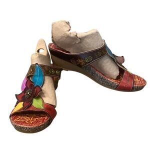Socofy Womens Leather Slides US 8 8.5 EU 39 Sandals Floral Artsy Colorful Fairy